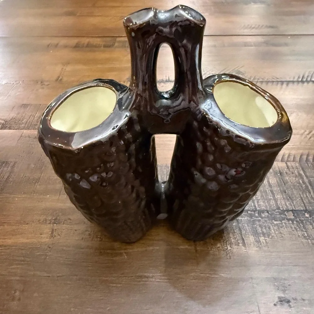 Vintage Double Vase‎ Owl Planter Brown Ceramic Tree Bark Design Decor